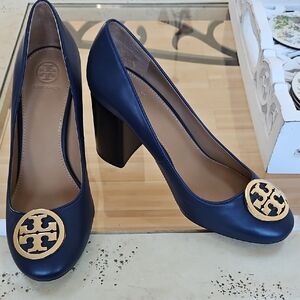 Tory Burch Dark Blue Heels with Gold Accents